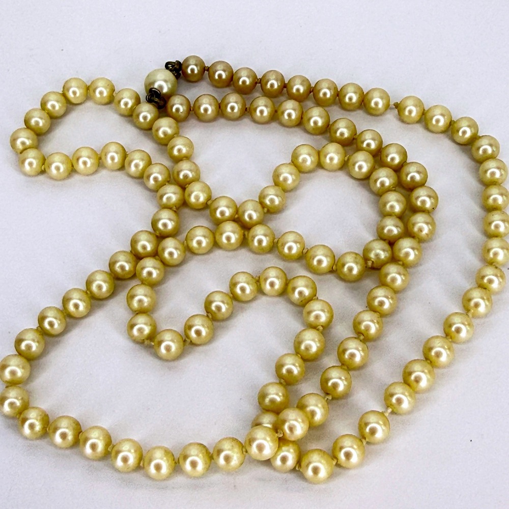 Vintage Knotted Cream Faux Pearl Opera Length Necklace Hidden Box Clasp